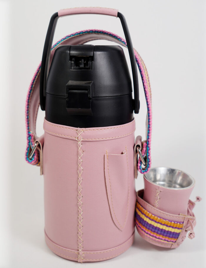 Termo Inox 1.3 En Simil Cuero Rosa Con Faja Y Ñanduti