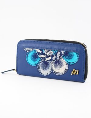 Billetera Simple Con Un Cierre En Cuero Azul Francia Con Ñanduti