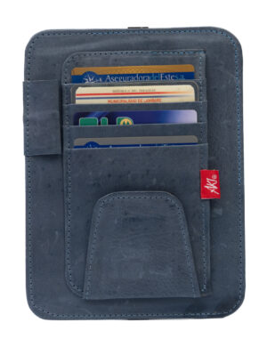 Porta documentos para auto de cuero azul oscuro gastado con goma para colocar en la visera parasol