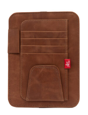 Porta documentos para auto de cuero marrón con goma para colocar en la visera parasol